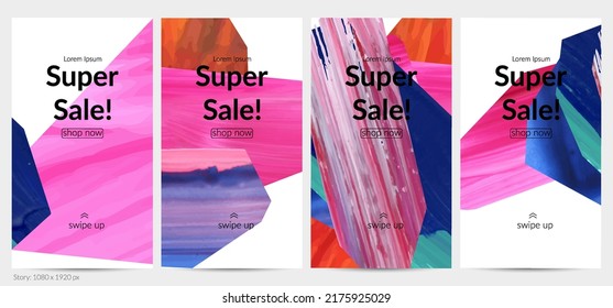 Abstract vector background with colorful bright acrylic textured shapes. Artistic social media post design template. Hand drawn collage art digital paint banner. Universal layout with brush stroke.