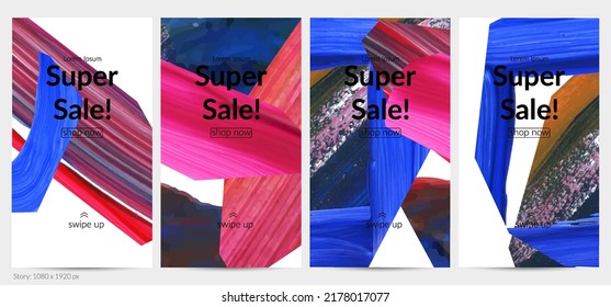 Abstract vector background with colorful bright acrylic textured shapes. Artistic social media post design template. Hand drawn collage art digital paint banner. Universal layout with brush stroke.