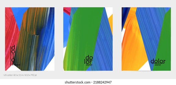 Abstract vector background with colorful bright acrylic textured shapes. Artistic flyer design template. Hand drawn collage art digital paint. Universal layout with brush stroke splashes.