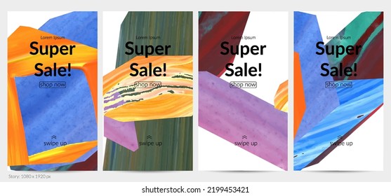 Abstract vector background with colorful bright acrylic textured shapes. Artistic social media post design template. Hand drawn collage art digital paint banner. Universal layout with brush stroke.