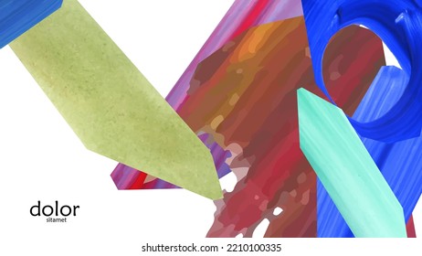 Abstract vector background with colorful bright acrylic textured shapes. Artistic cover design template. Hand drawn collage art digital paint wallpaper. Universal layout with brush stroke elements.