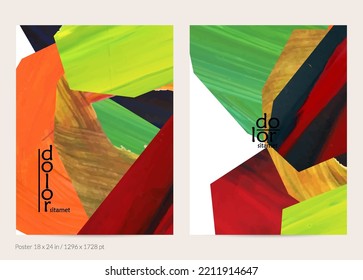 Abstract vector background with colorful bright acrylic textured shapes. Artistic poster design template. Hand drawn collage art digital paint banner. Universal layout with brush stroke splash.