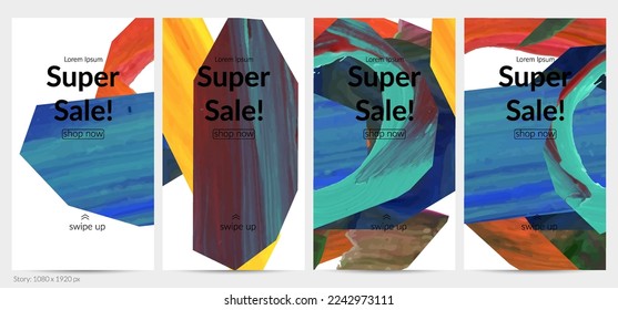 Abstract vector background with colorful bright acrylic textured shapes. Artistic social media post design template. Hand drawn collage art digital paint banner. Universal layout with brush stroke.