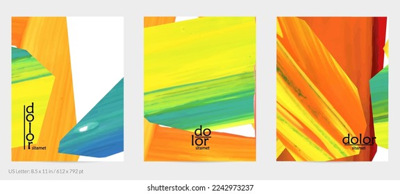 Abstract vector background with colorful bright acrylic textured shapes. Artistic flyer design template. Hand drawn collage art digital paint. Universal layout with brush stroke splashes.