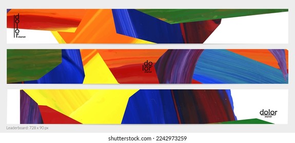 Abstract vector background with colorful bright acrylic textured shapes. Artistic leaderboard design template. Hand drawn collage art digital paint banner. Universal layout with brush stroke splash.