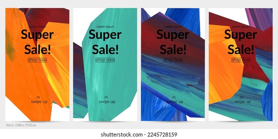 Abstract vector background with colorful bright acrylic textured shapes. Artistic social media post design template. Hand drawn collage art digital paint banner. Universal layout with brush stroke.
