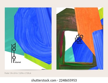 Abstract vector background with colorful bright acrylic textured shapes. Artistic poster design template. Hand drawn collage art digital paint banner. Universal layout with brush stroke splash.