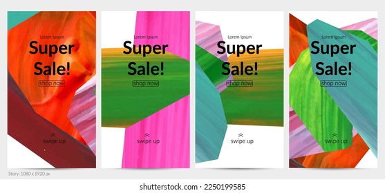 Abstract vector background with colorful bright acrylic textured shapes. Artistic social media post design template. Hand drawn collage art digital paint banner. Universal layout with brush stroke.