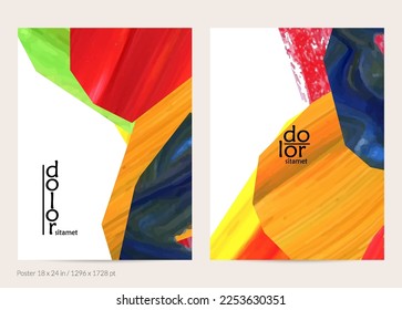 Abstract vector background with colorful bright acrylic textured shapes. Artistic poster design template. Hand drawn collage art digital paint banner. Universal layout with brush stroke splash.