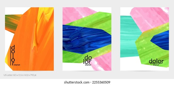 Abstract vector background with colorful bright acrylic textured shapes. Artistic flyer design template. Hand drawn collage art digital paint. Universal layout with brush stroke splashes.