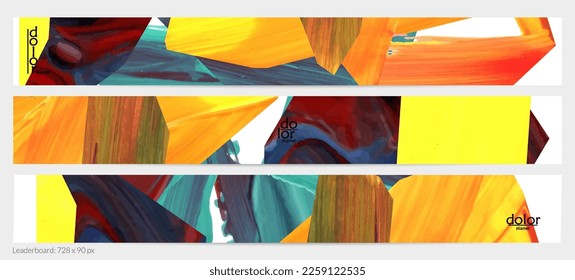 Abstract vector background with colorful bright acrylic textured shapes. Artistic leaderboard design template. Hand drawn collage art digital paint banner. Universal layout with brush stroke splash.