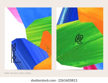 Abstract vector background with colorful bright acrylic textured shapes. Artistic poster design template. Hand drawn collage art digital paint banner. Universal layout with brush stroke splash.