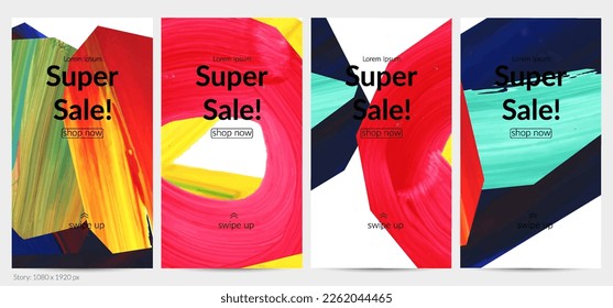 Abstract vector background with colorful bright acrylic textured shapes. Artistic social media post design template. Hand drawn collage art digital paint banner. Universal layout with brush stroke.