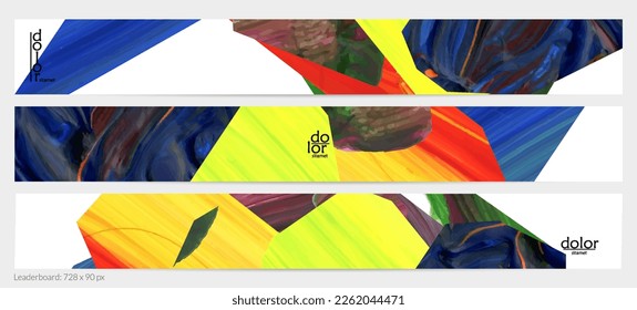 Abstract vector background with colorful bright acrylic textured shapes. Artistic leaderboard design template. Hand drawn collage art digital paint banner. Universal layout with brush stroke splash.