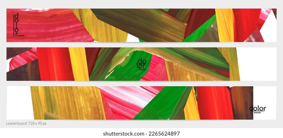 Abstract vector background with colorful bright acrylic textured shapes. Artistic leaderboard design template. Hand drawn collage art digital paint banner. Universal layout with brush stroke splash.