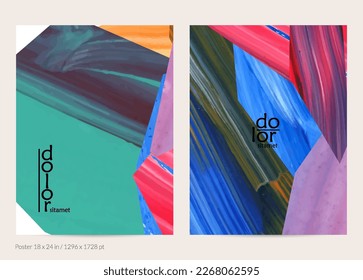 Abstract vector background with colorful bright acrylic textured shapes. Artistic poster design template. Hand drawn collage art digital paint banner. Universal layout with brush stroke splash.