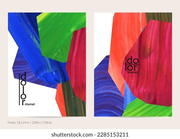 Abstract vector background with colorful bright acrylic textured shapes. Artistic poster design template. Hand drawn collage art digital paint banner. Universal layout with brush stroke splash.