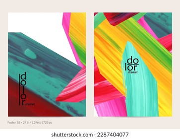 Abstract vector background with colorful bright acrylic textured shapes. Artistic poster design template. Hand drawn collage art digital paint banner. Universal layout with brush stroke splash.