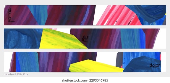 Abstract vector background with colorful bright acrylic textured shapes. Artistic leaderboard design template. Hand drawn collage art digital paint banner. Universal layout with brush stroke splash.