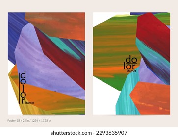 Abstract vector background with colorful bright acrylic textured shapes. Artistic poster design template. Hand drawn collage art digital paint banner. Universal layout with brush stroke splash.