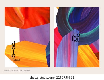 Abstract vector background with colorful bright acrylic textured shapes. Artistic poster design template. Hand drawn collage art digital paint banner. Universal layout with brush stroke splash.