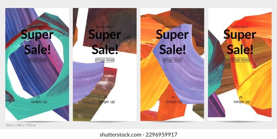 Abstract vector background with colorful bright acrylic textured shapes. Artistic social media post design template. Hand drawn collage art digital paint banner. Universal layout with brush stroke.