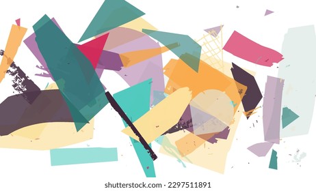 Abstract vector background with colorful bright rough random grange textured shapes. Artistic poster design template. Collage art. Digital craft paper overlap on white. Constriction paper banner.