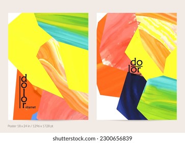 Abstract vector background with colorful bright acrylic textured shapes. Artistic poster design template. Hand drawn collage art digital paint banner. Universal layout with brush stroke splash.