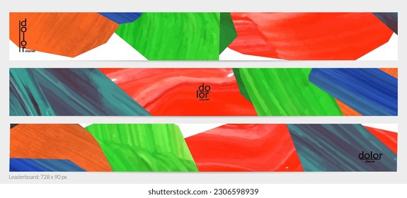 Abstract vector background with colorful bright acrylic textured shapes. Artistic leaderboard design template. Hand drawn collage art digital paint banner. Universal layout with brush stroke splash.