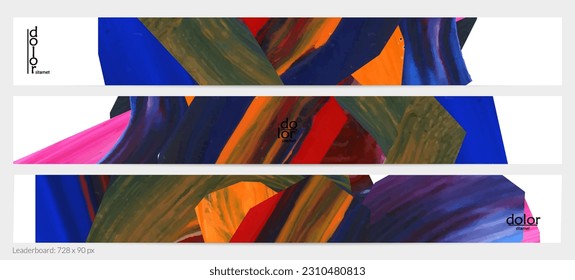 Abstract vector background with colorful bright acrylic textured shapes. Artistic leaderboard design template. Hand drawn collage art digital paint banner. Universal layout with brush stroke splash.