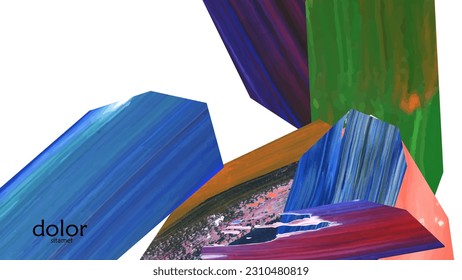 Abstract vector background with colorful bright acrylic textured shapes. Artistic cover design template. Hand drawn collage art digital paint wallpaper. Universal layout with brush stroke elements.