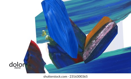 Abstract vector background with colorful bright acrylic textured shapes. Artistic cover design template. Hand drawn collage art digital paint wallpaper. Universal layout with brush stroke elements.