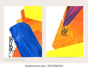 Abstract vector background with colorful bright acrylic textured shapes. Artistic poster design template. Hand drawn collage art digital paint banner. Universal layout with brush stroke splash.