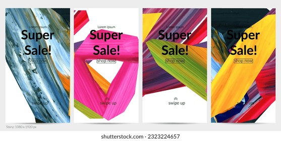 Abstract vector background with colorful bright acrylic textured shapes. Artistic social media post design template. Hand drawn collage art digital paint banner. Universal layout with brush stroke.