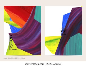 Abstract vector background with colorful bright acrylic textured shapes. Artistic poster design template. Hand drawn collage art digital paint banner. Universal layout with brush stroke splash.