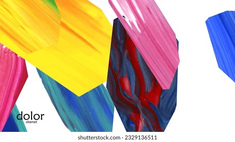 Abstract vector background with colorful bright acrylic textured shapes. Artistic cover design template. Hand drawn collage art digital paint wallpaper. Universal layout with brush stroke elements.