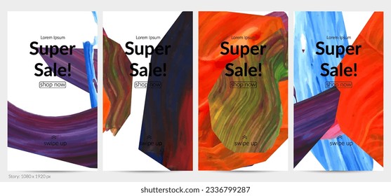 Abstract vector background with colorful bright acrylic textured shapes. Artistic social media post design template. Hand drawn collage art digital paint banner. Universal layout with brush stroke.