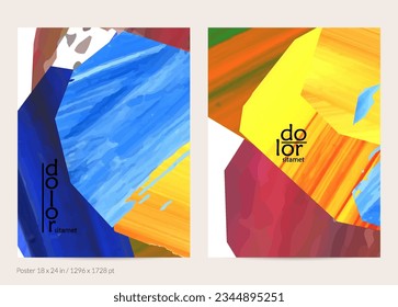Abstract vector background with colorful bright acrylic textured shapes. Artistic poster design template. Hand drawn collage art digital paint banner. Universal layout with brush stroke splash.