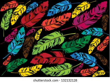 abstract vector background with colorful feathers isolated on black background