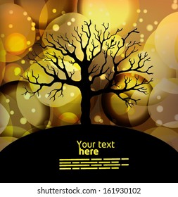 Abstract vector background, colorful lights elements with black tree silhouette
