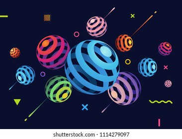 Abstract vector background with colorful neon 3D style lines spheres on blue background. Modern geometric design. Futuristic poster flyer with liquid ink splashes elements. Eps 10 vector illustration