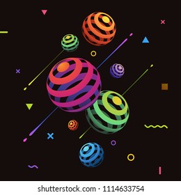 Abstract vector background with colorful neon 3D style lines spheres on black background. Modern geometric design. Futuristic poster flyer with liquid ink splashes elements. Eps 10 vector illustration