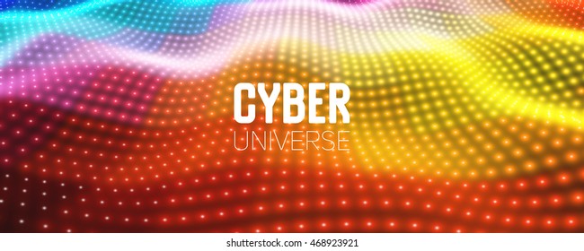 Abstract vector background with colorful neon lights forming wavy surface. Neon cyber surface flow. Smooth colorful cyber relief from glowing particles. Elegant modern backdrop.