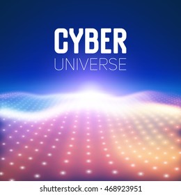 Abstract vector background with colorful neon lights forming wavy surface. Neon cyber surface flow. Smooth colorful cyber relief from glowing particles. Elegant modern backdrop.