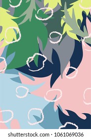 Abstract vector background with colorful overlapping jungle leaves and textured lines