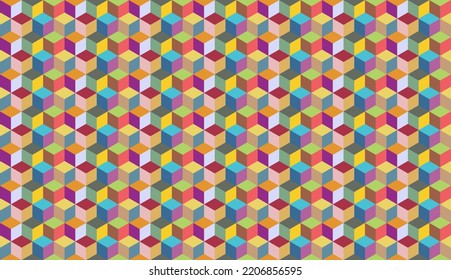 Abstract vector background with colorful symmetrical parallelogram shapes. Simple flat illustration of multicolored stacking cube. Geometry seamless pattern artwork, squares, rhombuses, hexagons.