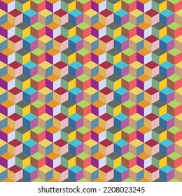 Abstract vector background with colorful symmetrical parallelogram shapes. Simple flat illustration of multicolored stacking cube. Geometry seamless pattern artwork, squares, rhombuses, hexagons.