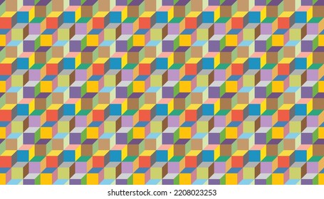 Abstract vector background with colorful symmetrical parallelogram shapes. Simple flat illustration of multicolored stacking cube. Geometry seamless pattern artwork, squares, rhombuses, or hexagons.