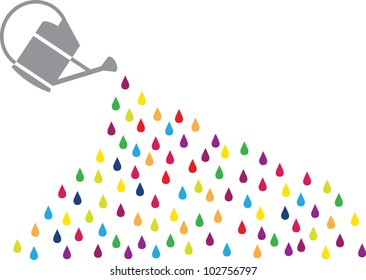 abstract vector background with colorful watering can and funny colorful rain drops isolated on white