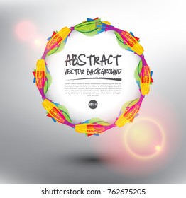 Abstract vector background. Colorful wheel frame. Watercolor, pencil and chalk strokes in circular form. Isolated on the white panel with place for your text. Vector illustration. Eps10.